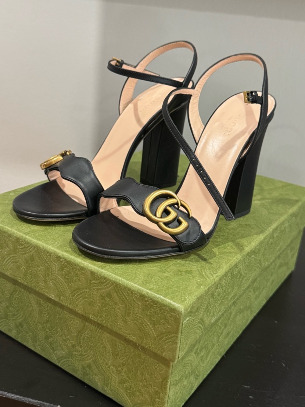 Gucci GG Gold/Black High Heel Sandals